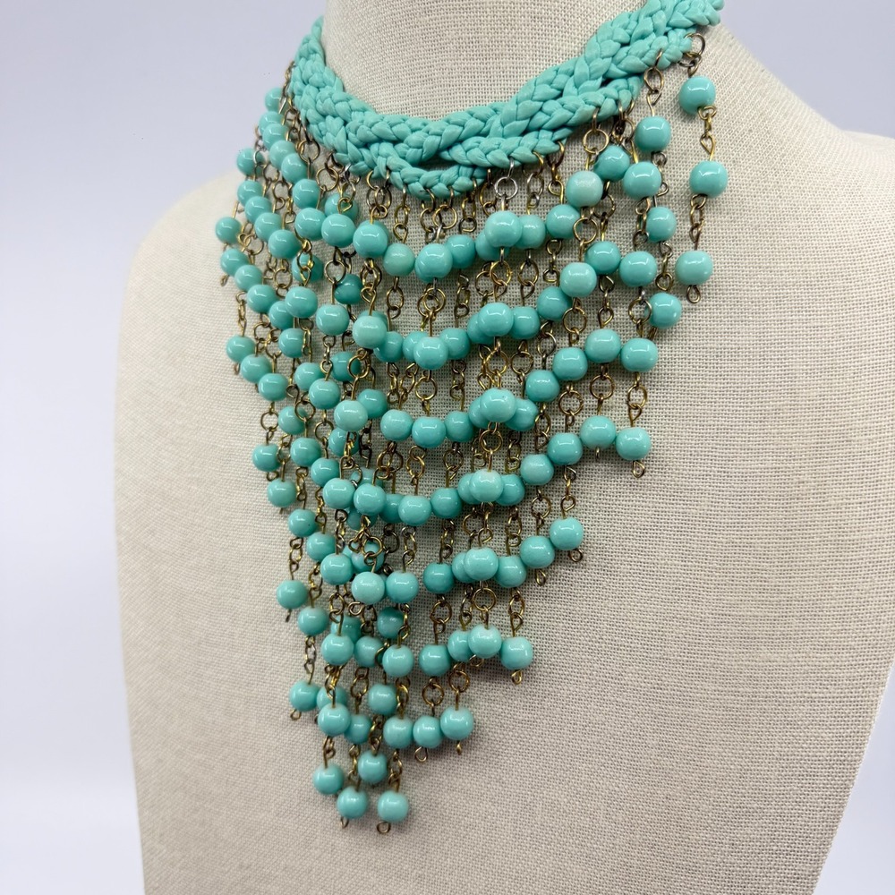 Turquoise Tone Blue Braided Statement Necklace Fringe Boho Festival Layer Gift - Picture 4 of 11